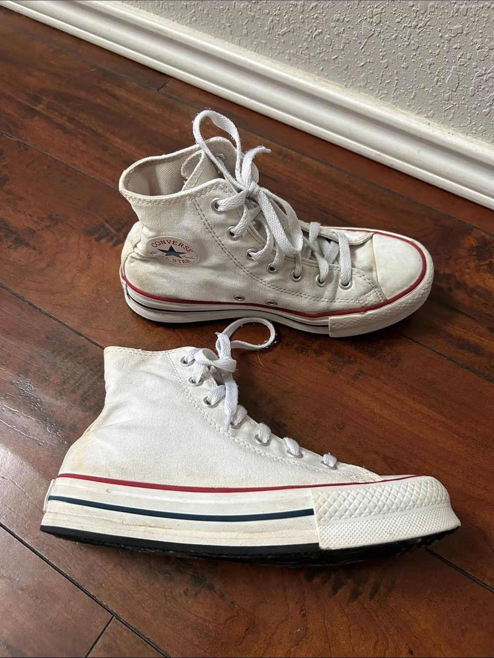 Converse Kids White High-Top Canvas Sneakers with Red Stripe